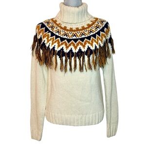 Forever 21 Contemporary Chunky Fair Isle Fringe Turtleneck Sweater | Small